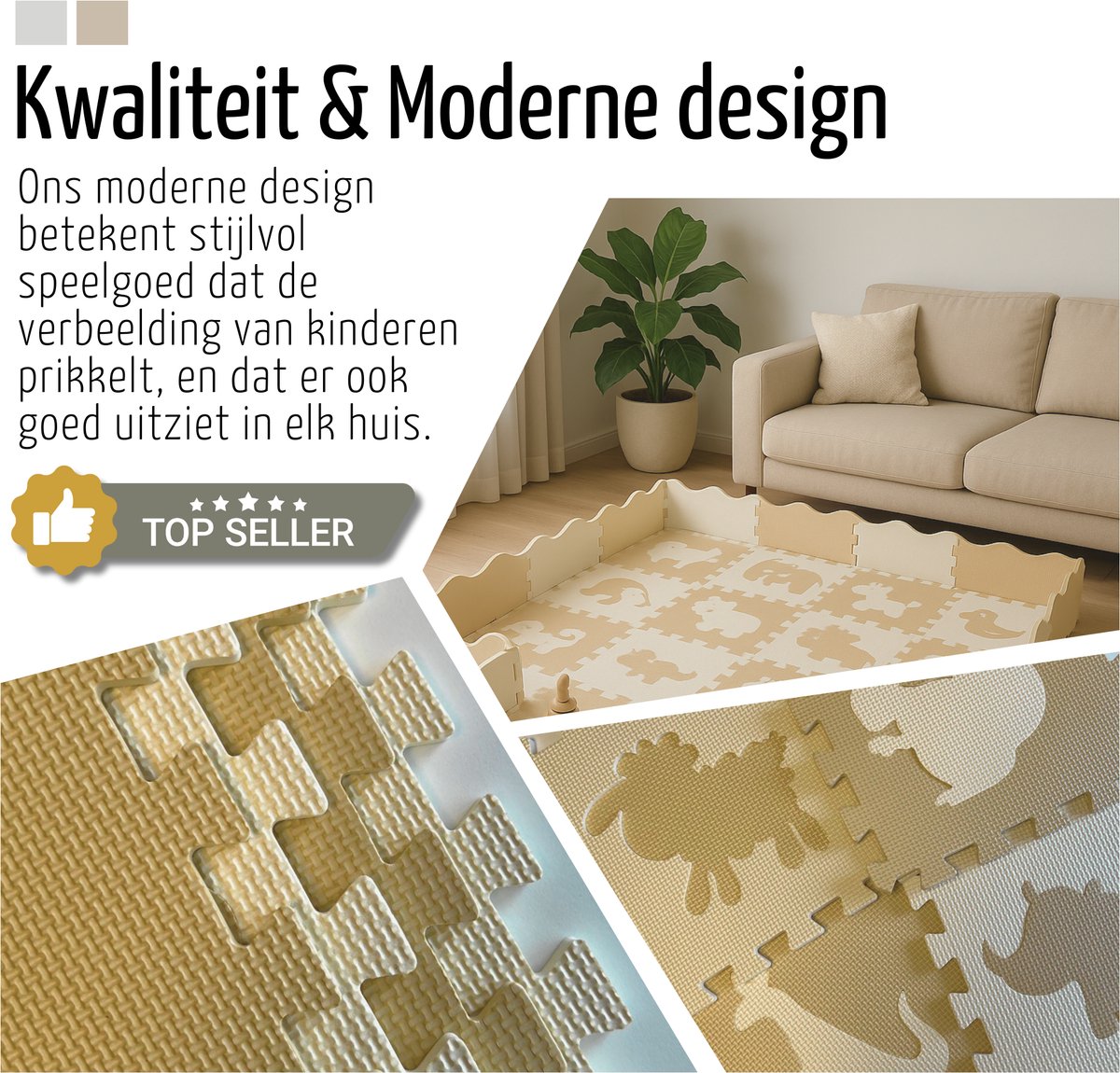 Roosly Speelmat Baby - Speelkleed Baby - babygym - kruipmat - playmat - Foam vloerpuzzel 145 x 145 cm - Opstaande Rand - Inclusief Opbergtas - speelgoed - Veilig & Zacht - Beige thumbnail 3