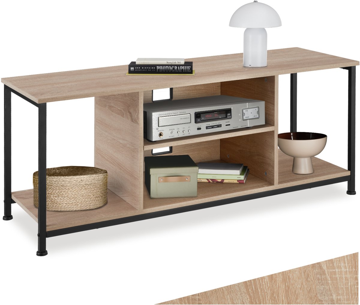 tectake® TV-meubel met 4 open vakken - Lowboard voor TV's tot 70 inch - Houten TV-dressoir met kabeluitsparingen - Industrieel design - Zwart metalen frame - Afmeting (LxBxH) 120 x 40 x 50,5 cm - Lichtbruin