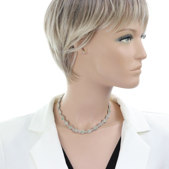 Behave Collier de fleurs argentées avec pierres vertes