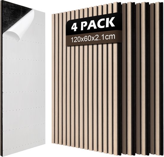 4-pack zelfklevende akoestische wandpanelen, 120x60x2.1 cm, eikenkleur. Achterkant toont witte zelfklevende laag.