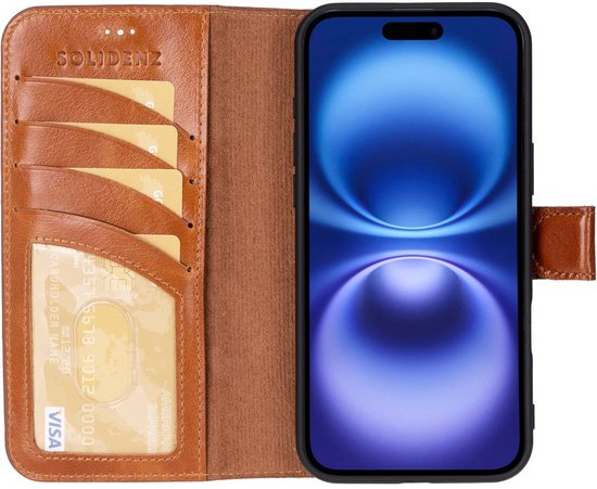 Étui en cuir iPhone 16 Plus - Solidenz Bookcase Étui en cuir iPhone 16 Plus - Cuir véritable - Étui téléphone avec porte-cartes - Étui en cuir pleine fleur - Marron
