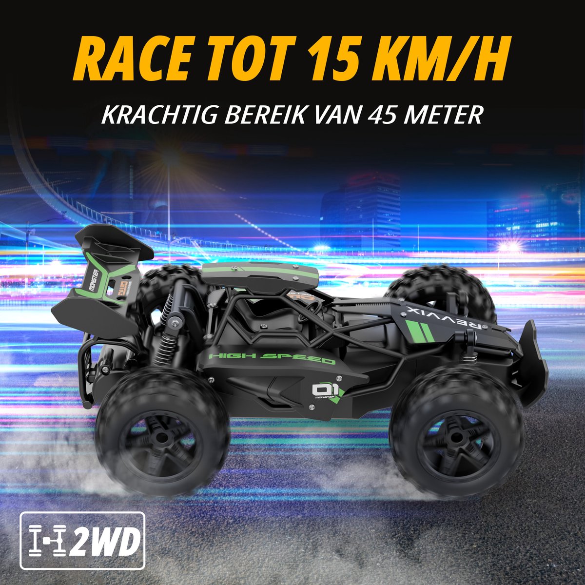 Revvix Bestuurbare Auto - RC Auto - Afstandsbestuurbare auto - Radiografisch bestuurbare auto - Race auto afstandbestuurbaar - RC Drift Car - Offroad Buggy - 2 Accu's - 15 km/u - Buiten - voor Jongens & Volwassenen — afbeelding 3