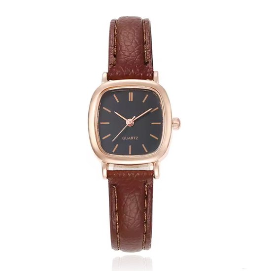 Montre femme LGT en or rose avec bracelet en cuir marron et cadran noir