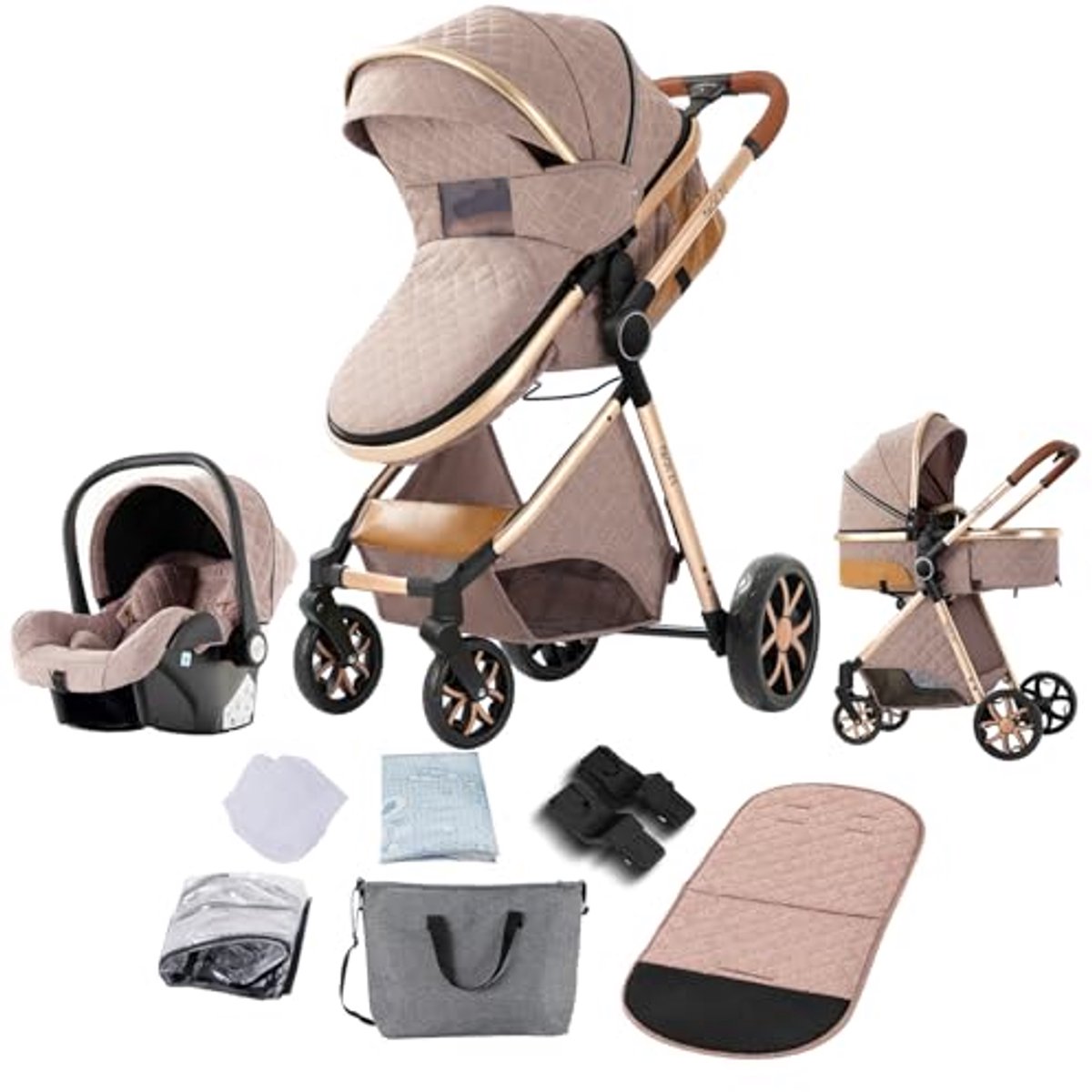 Image of 3-in-1 Kinderwagen met Omkeerbare Duwstang - Opvouwbare Buggy voor Baby's en Peuters