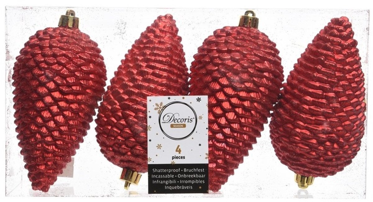 Decoris Kerstballen - dennenappel - rood - 4x - 12 cm - Glitter - Onbreekbare plastic kerstballen