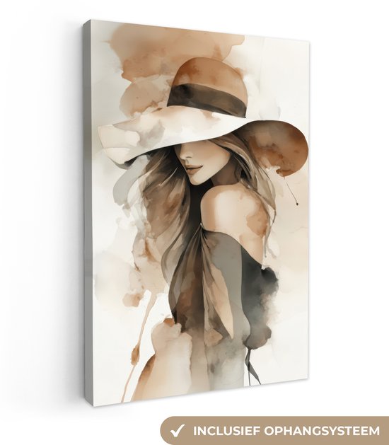 Aquarelle d'une femme au grand chapeau sépia, avec le texte 'Système de suspension inclus'.