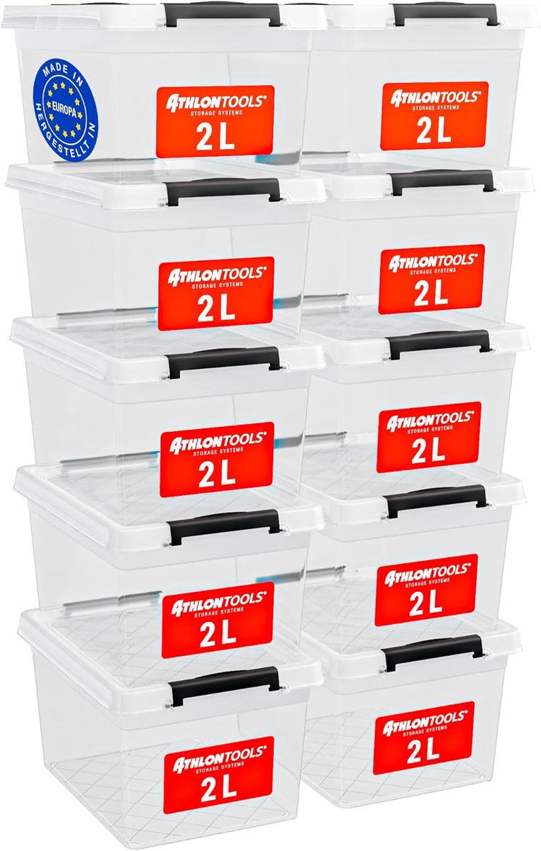 10 x 2 l Opbergdozen met Deksel - Stapelbare, Transparante Organizers