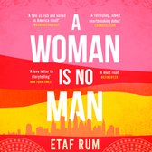 Boek "A Woman is No Man" met rode en roze achtergrond, witte tekst en een stadssilhouet.