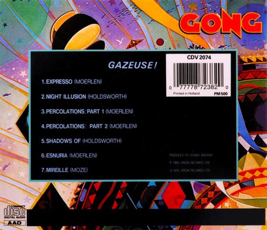 Achterkant cd-hoesje voor 'Gazeuse!' van Gong met tracklist en barcode. Kleurrijk abstract ontwerp op de achtergrond.