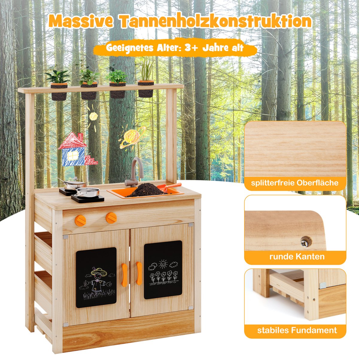 COSTWAY Modderkeuken voor kinderen, outdoor, kinderkeuken, hout met plantenpotten en kookaccessoires, speelkeuken met kraan, gootsteen en borden, outdoor keuken voor kinderen vanaf 3 jaar — afbeelding 10