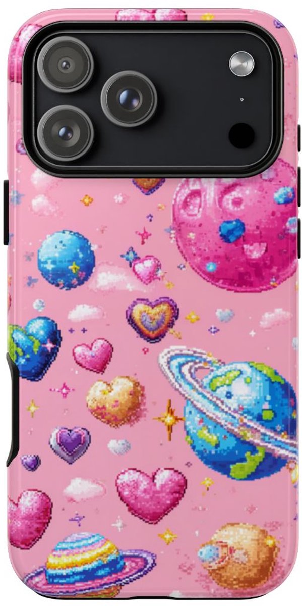 Pixel Art Harten en Planeten Patroon – Telefoonhoesje Geschikt voor iPhone 17 Pro Max
