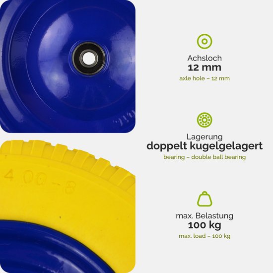 GARRONDA - PU Massief Wiel 4.80/4.00-8 lekvrij onderhoudsvrij tot 100 kg Kruiwagenwiel Vervangwiel Kruiwagen met As Stalen Velg Kogellager voor Tuinwagen Erf Bouwplaats GD-0165, Geel-Blauw van Garronda — afbeelding 5
