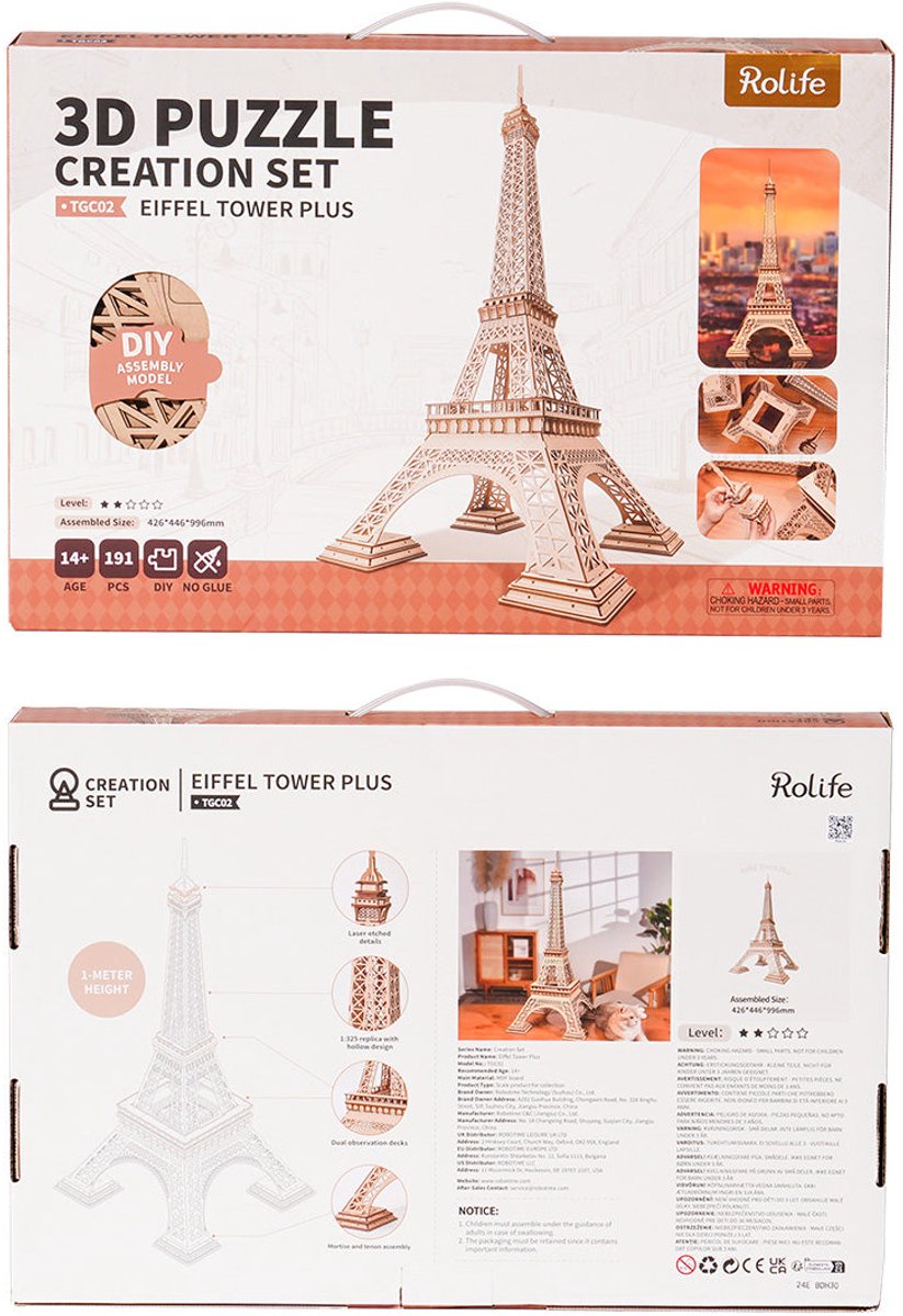 Robotime Eiffel Tower Plus – 3D Houten Puzzel – 191 Onderdelen, 42,6 x 44,6 x 99,6 cm