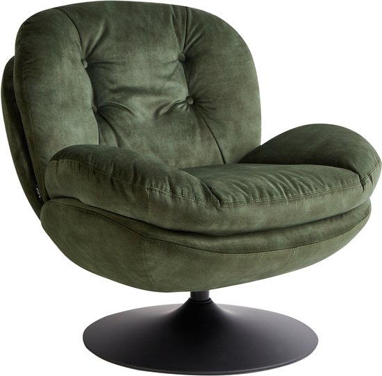 Donkergroene fluwelen fauteuil met gecapitonneerde rugleuning en zwarte draaivoet.
