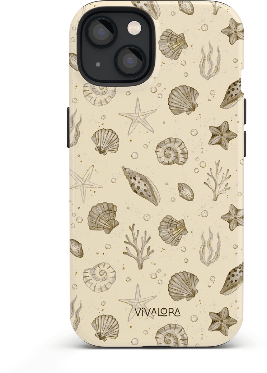 VivaLora Tough Telefoonhoesje iPhone 14 met MagSafe - Ocean Bliss Print - 2-in-1 Phone Case - Hard Case & Siliconen Back - Extra Bescherming - Shockproof - Schelpjes, Zeesterren, Zee Thema - Beige/Ecru/Bruin