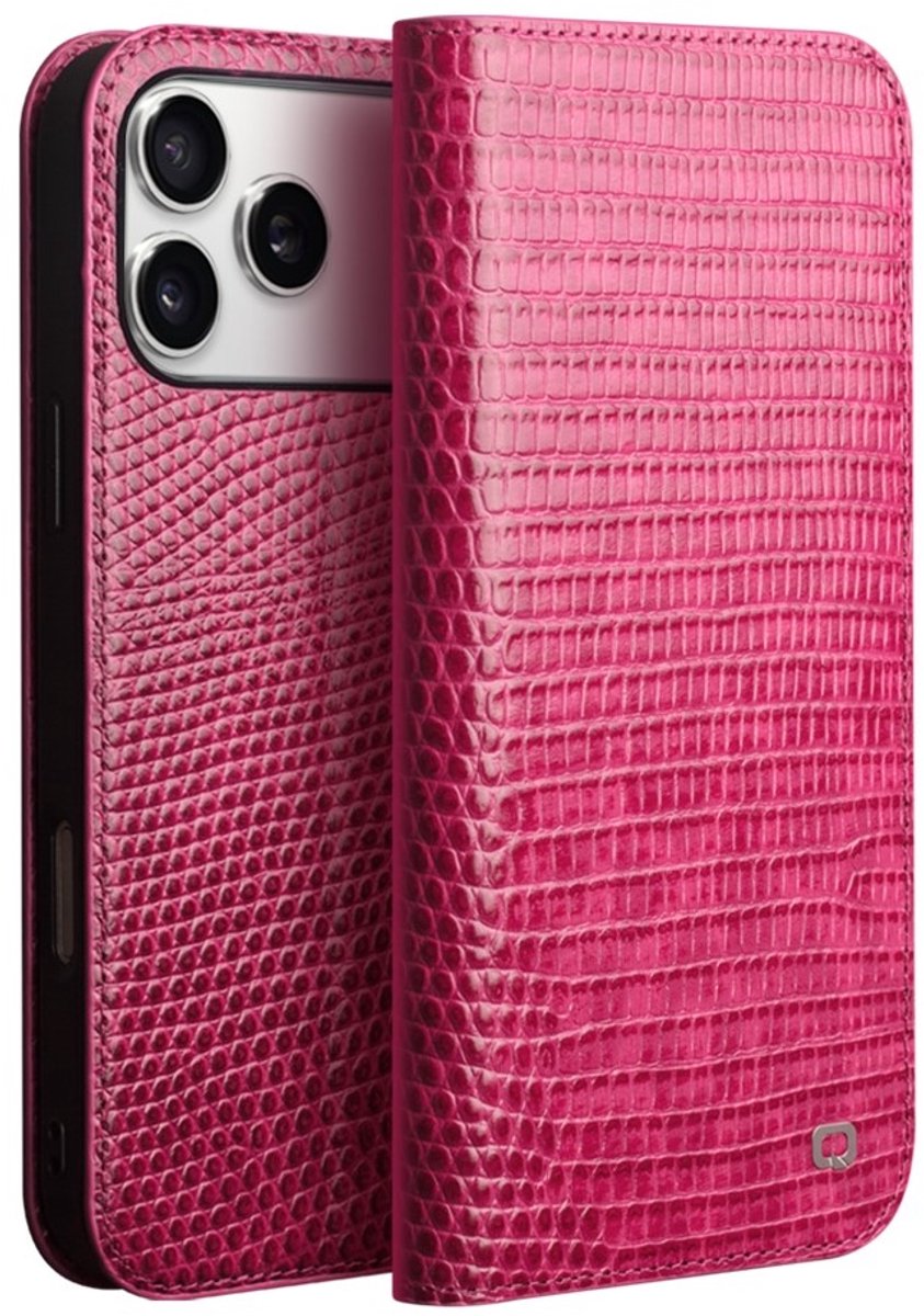Qialino Geschikt voor iPhone 17 Pro hoesje - Leren bookcase - Croco Roze