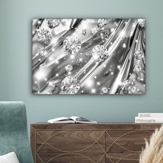 Peinture sur toile 90x60 cm - Décoration murale Abstrait - Diamant - Luxe - Moderne - Argent - Décoration murale salon - Décoration chambre moderne - Tableaux abstraits
