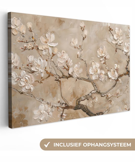 Canvas schilderij 120x80 cm - Wanddecoratie Bloemen - Modern - Beige - Wit - Bloesem - Muurdecoratie woonkamer - Slaapkamer decoratie - Kamer accessoires - Schilderijen op canvas