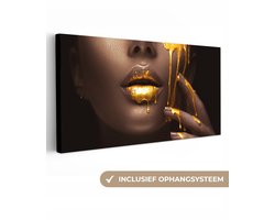 Canvas schilderij lippen goud 300x140 - Kamer decoratie accessoires - Gouden schilderijen vrouw woonkamer - Wanddecoratie slaapkamer - Muurdecoratie keuken - Wall decoration - Wanddoek interieur binnen - Woondecoratie huis - Woonaccessoires