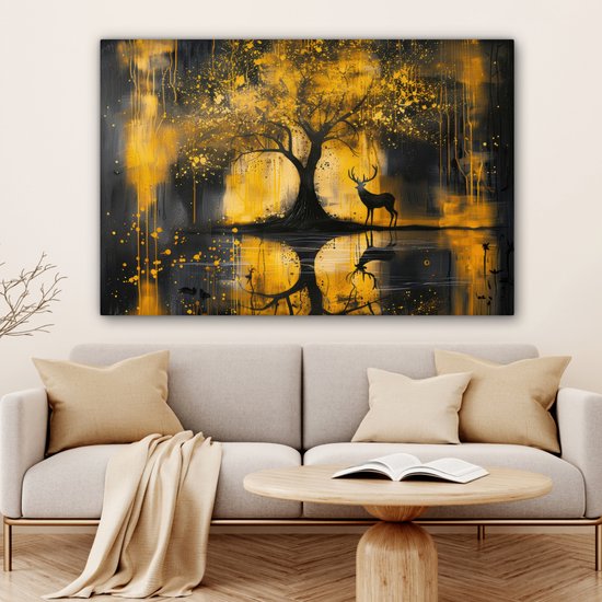 Peinture sur toile 150x100 cm - Décoration murale Arbre - Aspect peinture - Cerf - Nature - Or - Décoration murale murale salon - Décoration chambre - Accessoires de chambre - Peintures