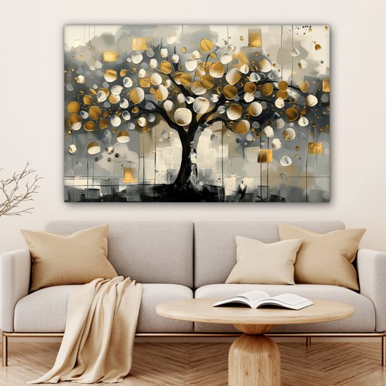 Peinture sur toile 150x100 cm - Décoration murale Arbre - Abstrait - Beige - Or - Zwart - Décoration murale murale salon - Décoration chambre - Accessoires de chambre - Peintures
