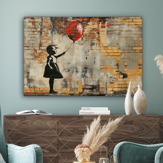 Peinture sur toile 120x80 cm - Décoration murale Graffiti - Style Banksy - Fille avec ballon - Décoration murale murale salon - Décoration chambre - Accessoires de chambre - Peintures