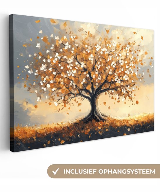 Peinture abstraite d'un arbre aux feuilles orange et blanches, tombant sur une colline d'herbe dorée. Système de suspension inclus.