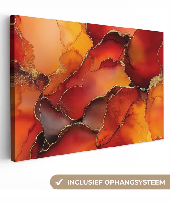 Canvas schilderij met abstracte rode, oranje en gouden patronen, zijaanzicht, inclusief ophangsysteem.
