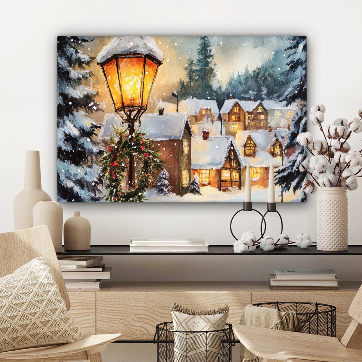 Canvas schilderij 90x60 cm - Wanddecoratie Kerstdorp - Huizen - Sneeuw - Kerst - Muurdecoratie woonkamer - Slaapkamer decoratie - Kamer accessoires - Schilderijen op canvas - Kerstdecoratie voor binnen - Kerstversiering - Kerstmis versiering – foto 7