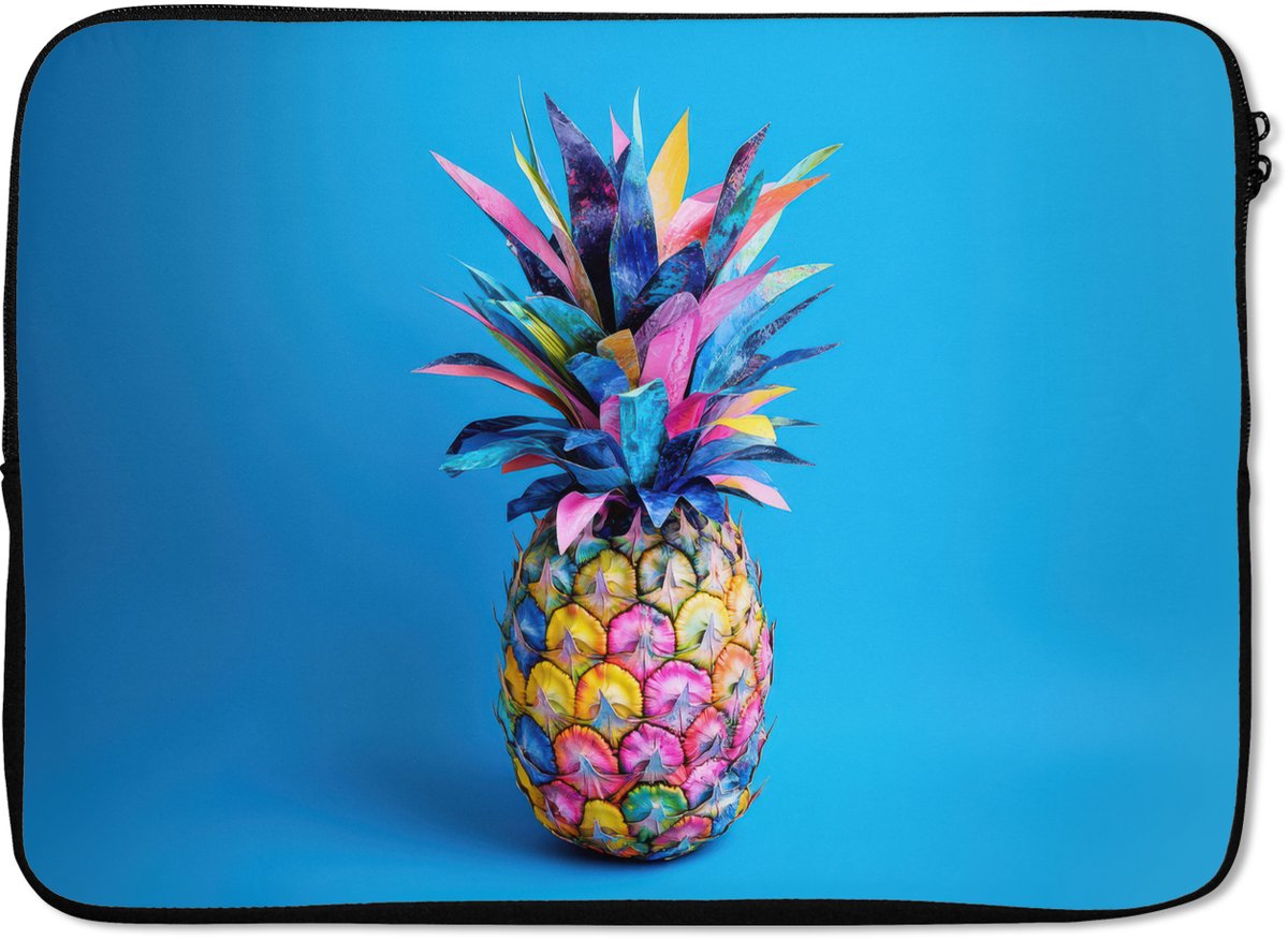 Laptophoes 14 inch - Ananas - Blauw - Tropisch - Vrolijk - Laptop sleeve - Binnenmaat 33x23 cm - Zwarte achterkant