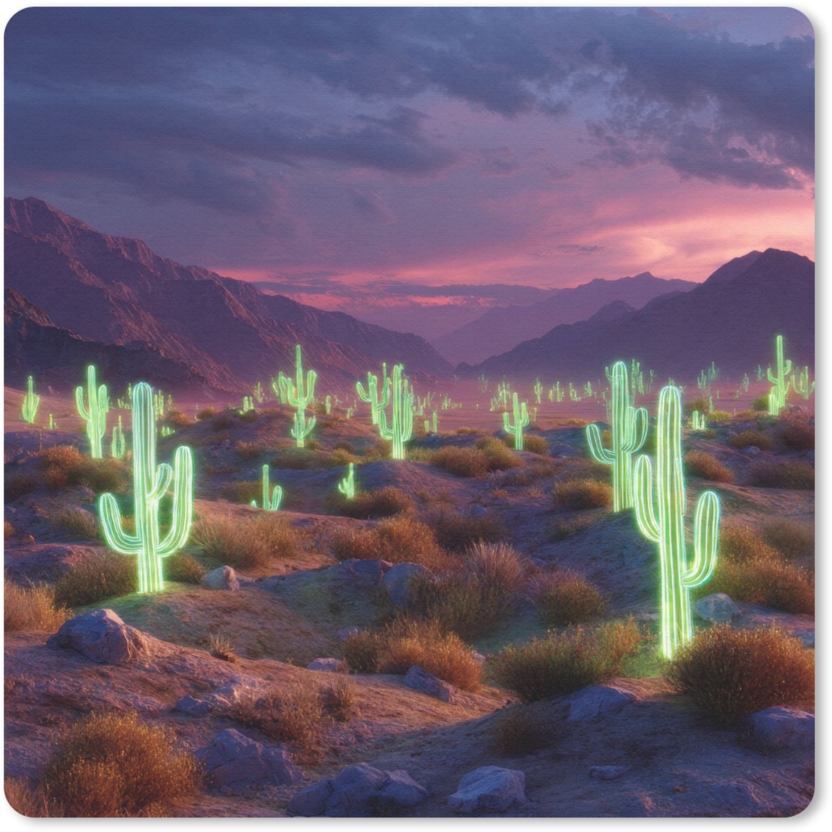 Muismat 20x20 cm - Mousepad Neon cactussen - Woestijn - Zonsondergang - Muismatten