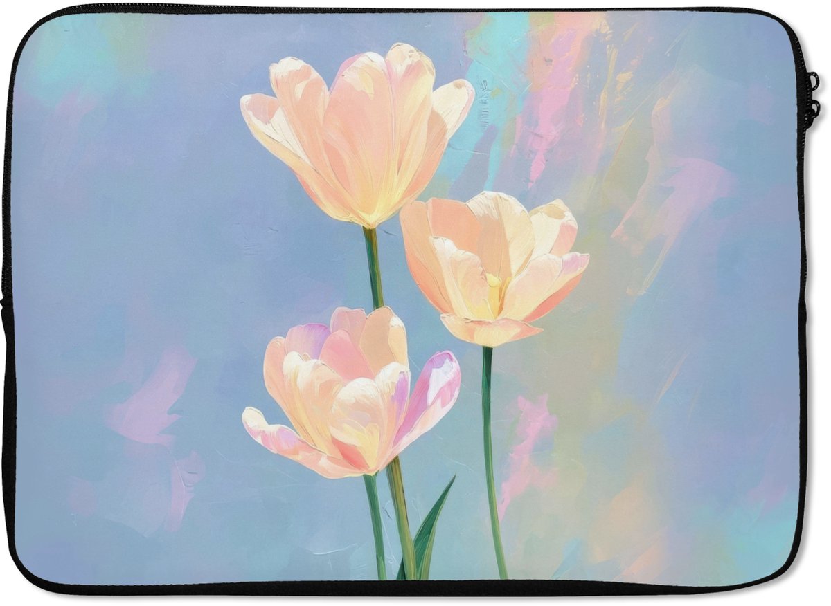 Laptophoes 14 inch - Tulpen - Roze accenten - Blauw - Laptop sleeve - Binnenmaat 33x23 cm - Zwarte achterkant