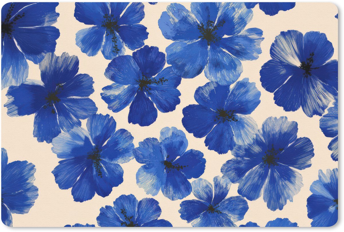 Muismat 27x18 cm - Mousepad Bloemen - Blauw -Patroon - Wit - Muismatten
