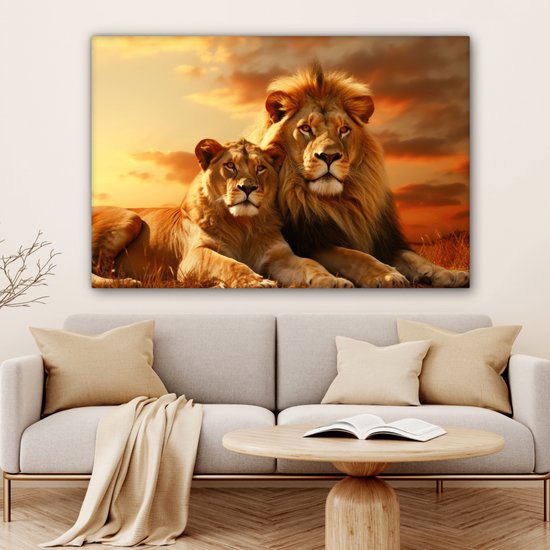 Peinture sur toile 120x80 cm - Lions - Tableaux de salon - Décoration murale animaux