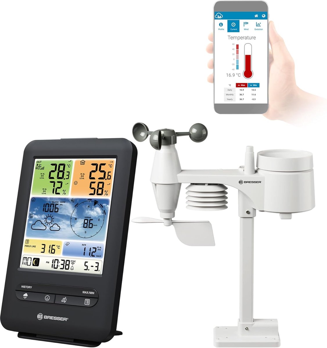 Draadloos weerstation 5-in-1 met buitensensor en wifi - Temperatuur, Luchtvochtigheid, Luchtdruk, Windmeter en Regenmeter