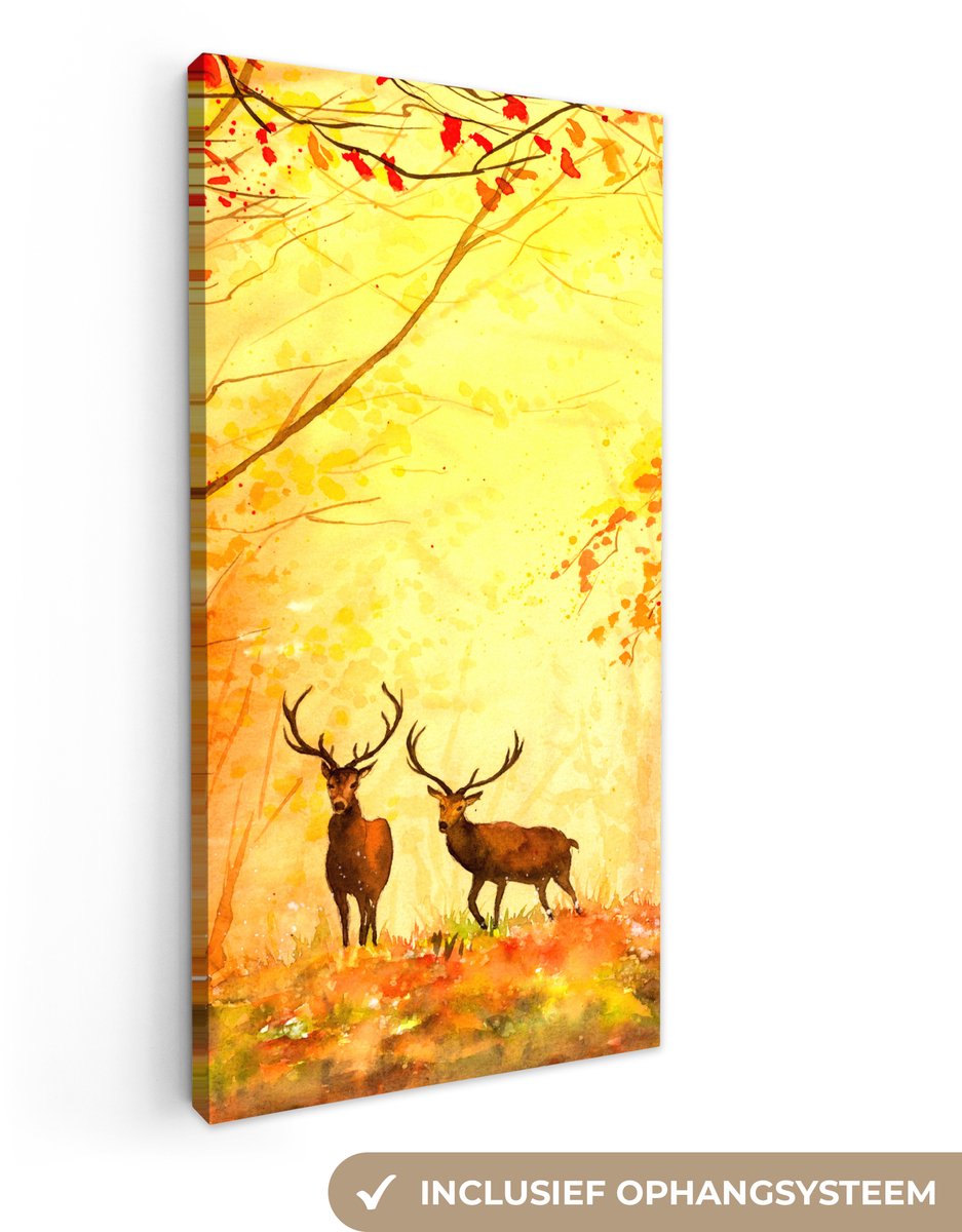 Canvas - Schilderij - Olieverf - Herten - Bos - Herfst - 80x160 cm - Muurdecoratie - Schilderijen op canvas