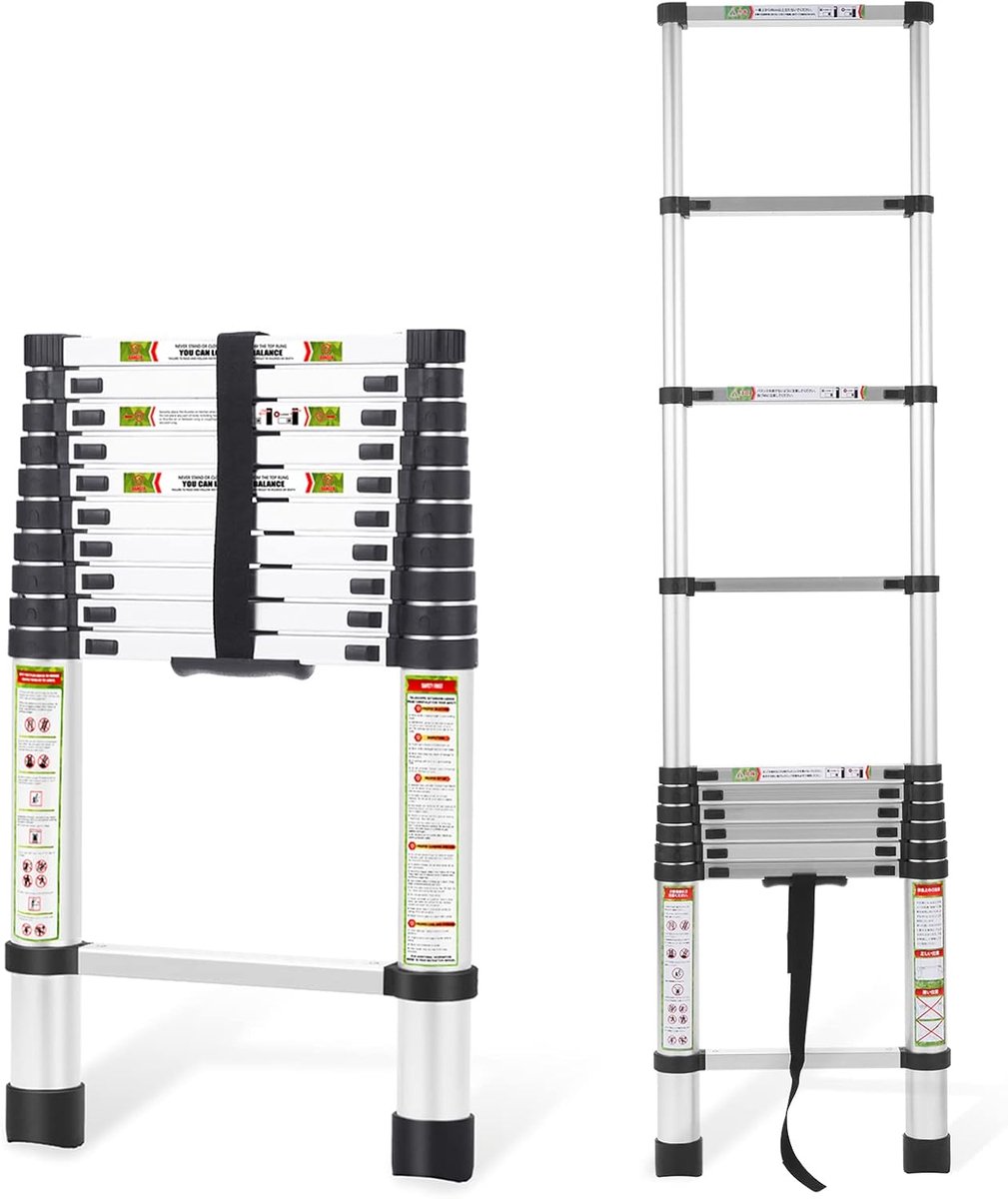 Telescopische ladder 3,2 m aluminium met antislipvoeten, 150 kg draagvermogen voor camper en zolder