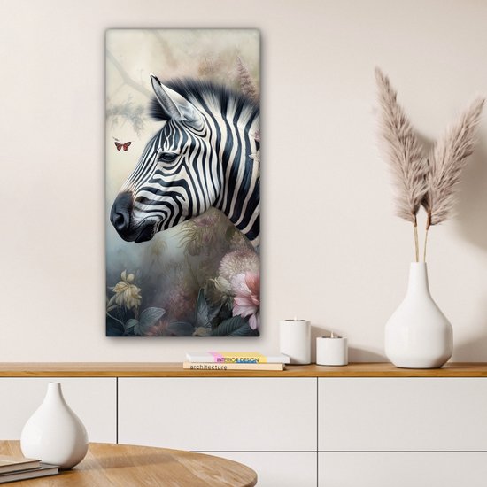 Tableau sur toile Zebra - Animaux sauvages - Papillon - Fleurs - 40x80 cm - Décoration murale