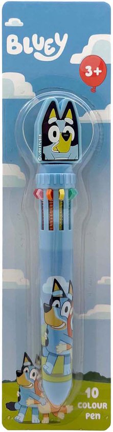 Blauwe 10-kleurenpen met Bluey-figuur en "10 COLOUR PEN" tekst.