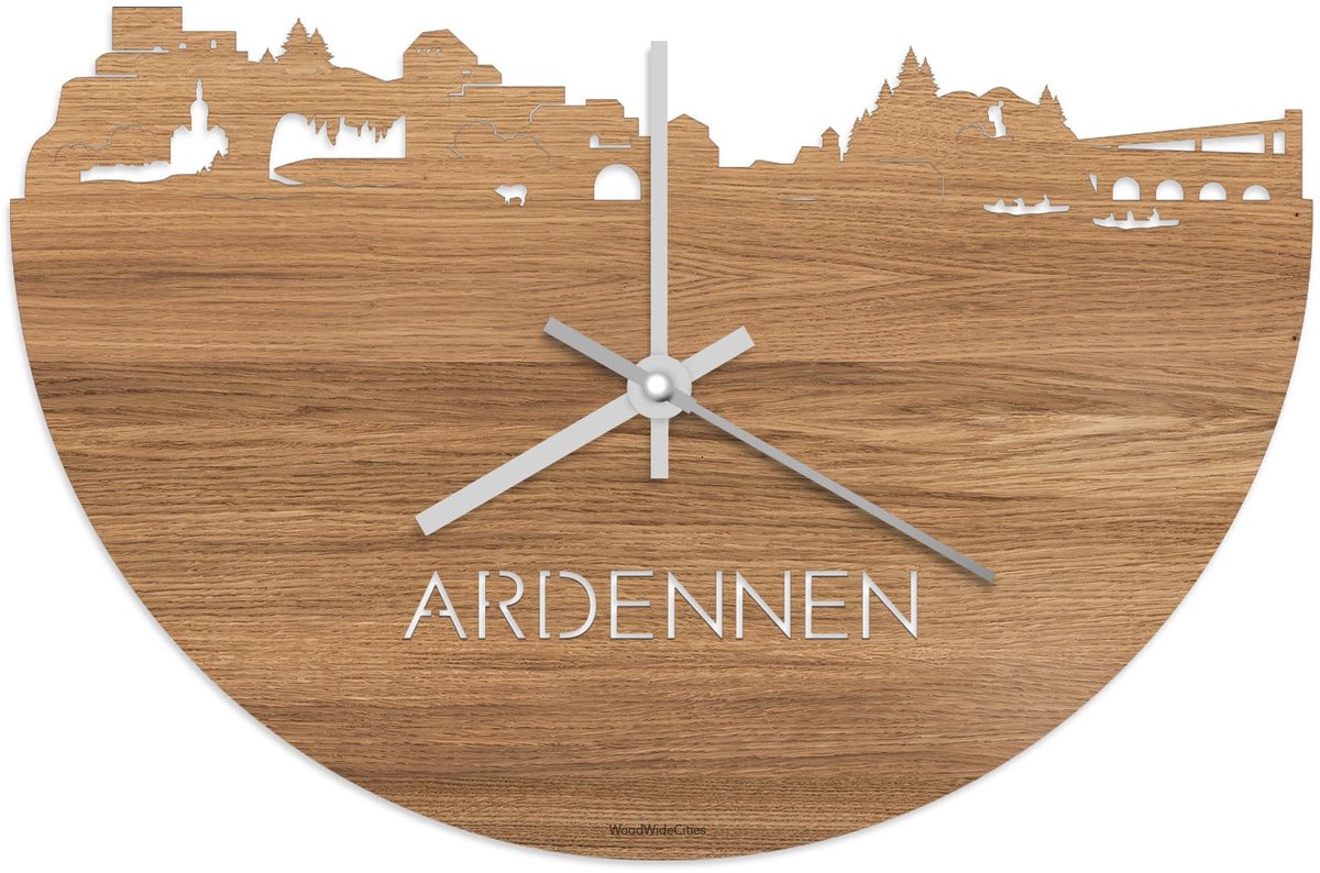 Skyline Klok Ardennen Eikenhout - Ø 40 cm - Stil uurwerk - Wanddecoratie - Meer steden beschikbaar - Woonkamer idee - Woondecoratie - City Art - Steden kunst - Cadeau voor hem - Cadeau voor haar - Jubileum - Trouwerij - Housewarming - WoodWideCities