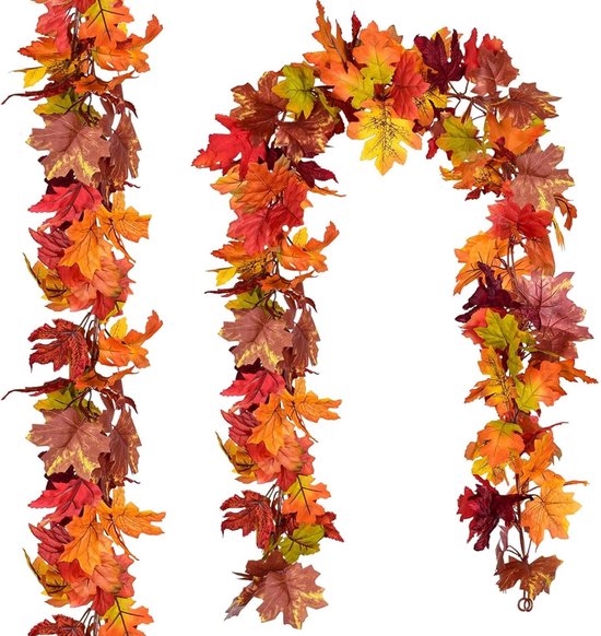 2 Stuks Kunstmatige Esdoorn Bladeren Krans - 360cm Herfst Decoratie - Voor Binnen en Buiten - Halloween Thanksgiving Versiering - Met Haakjes - Realistische Herfstbladeren - Duurzaam Kunststof - Eenvoudig op te Bergen - Feestelijke Sfeerverlichting