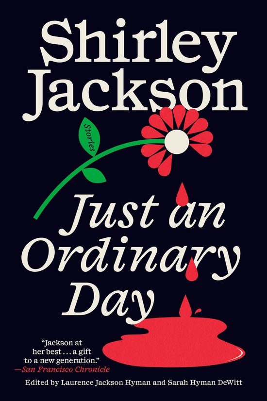 Boek "Just an Ordinary Day" van Shirley Jackson, met een rode bloem en druppels bloed.