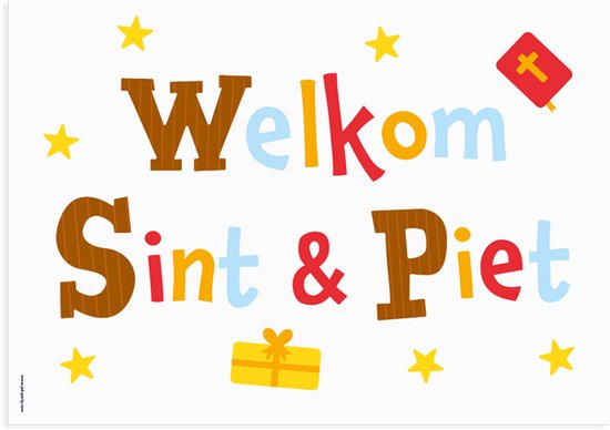 Welkom Sint & Piet met sterren, een cadeau en een boekje.