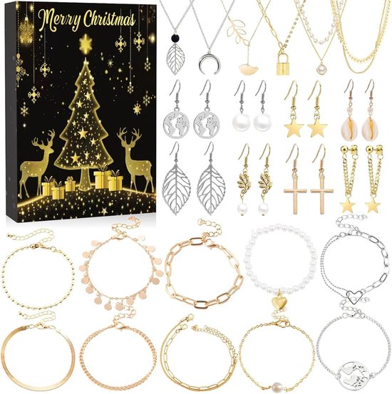 Sieraden Adventskalender 2025 - 24-daagse gouden en zilveren sieraden Adventskalender - Inclusief oorbellen - Perfecte kerstaftelling, sieradencadeau voor vrouwen en meisjes
