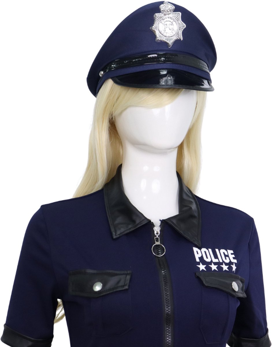Joya Party® Verkleedpak Sexy Politie Agente Dames | Navy Blauwe stretch jumpsuit met leren details | Politiepet + Riem + Tasje + Handboeien | Verkleedkleding Volwassenen Halloween en Carnaval Vrouw | — afbeelding 16