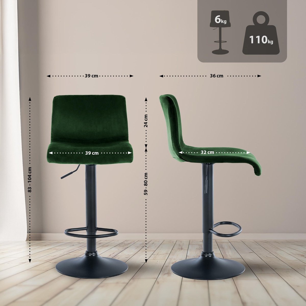 CLP Barkruk Hover - met rugleuning - verstelbaar - draaibar - metalen frame - fluweel - zwart/groen
