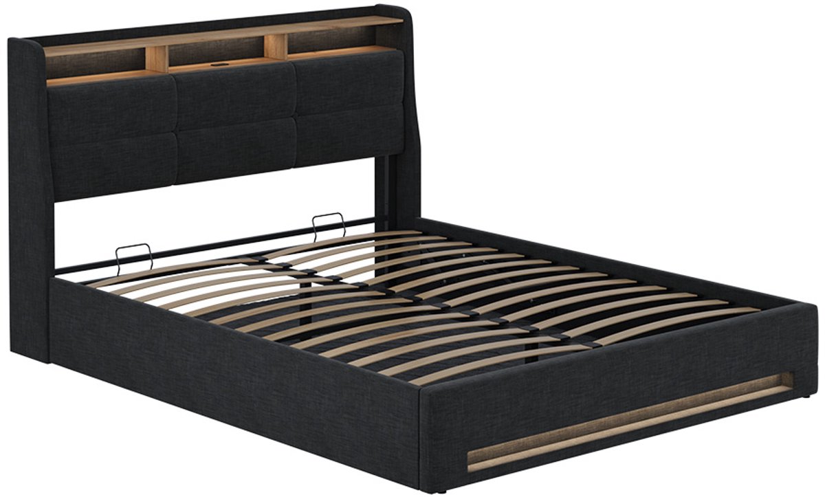 Vitalispa Christin Gestoffeerd bed – 160x200 met LED en USB-poort Antraciet/eiken