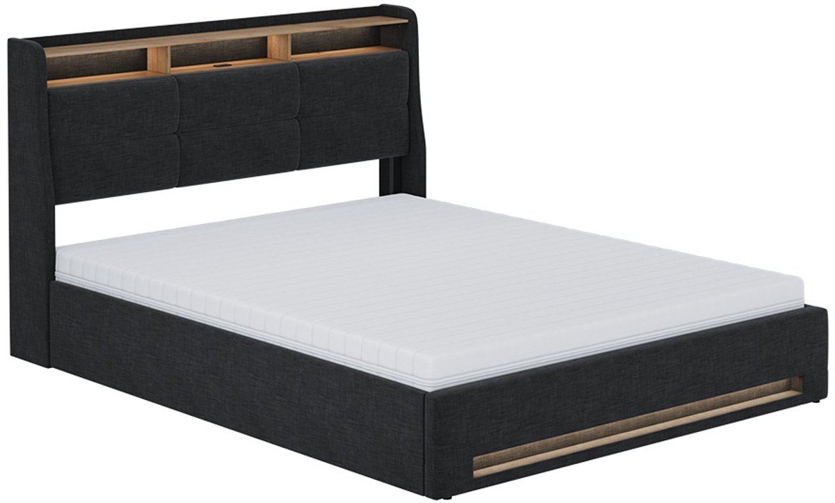 Vitalispa Christin Gestoffeerd bed – 160x200 met LED, USB-aansluiting, matras Antraciet/eiken