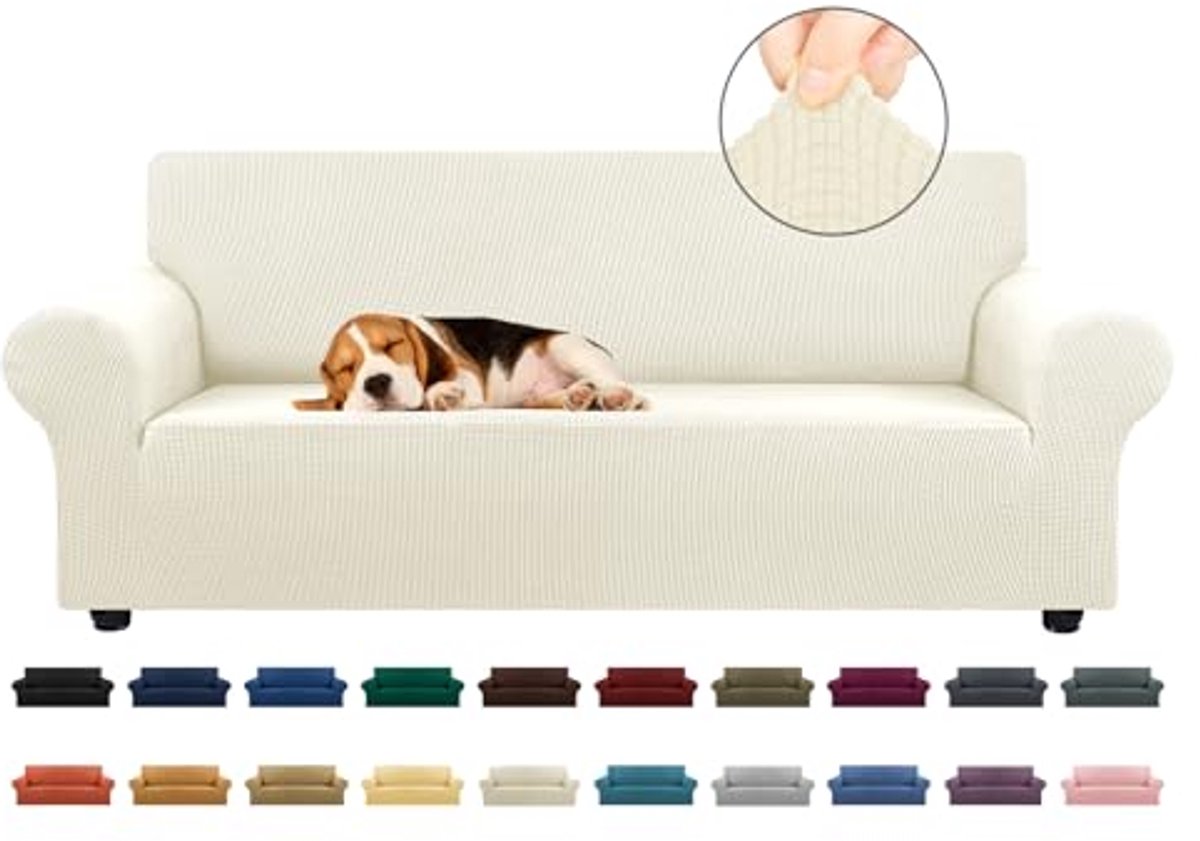 Stretch bankhoes voor 3-zits, huisdiervriendelijk, elastische meubelbeschermer, jacquard, klein geruit (beige)