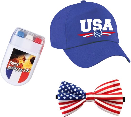 USA / Amerika supporters verkleed set - baseballcap met print - blauw - met vlag schminkstift - strikje - volwassenen - Sport / WK / landen